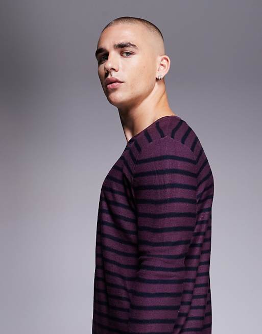 ASOS DESIGN Knitted Crew Neck T-shirt In Red And Navy Stripe