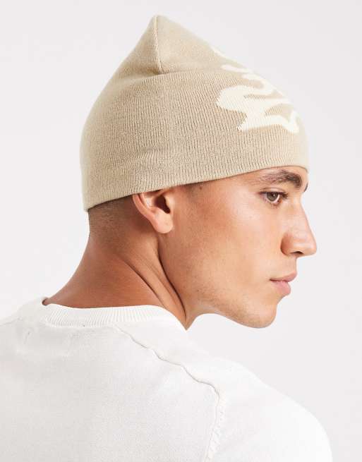 ASOS DESIGN Knitted Graffiti Graphic Skull Beanie In Neutral
