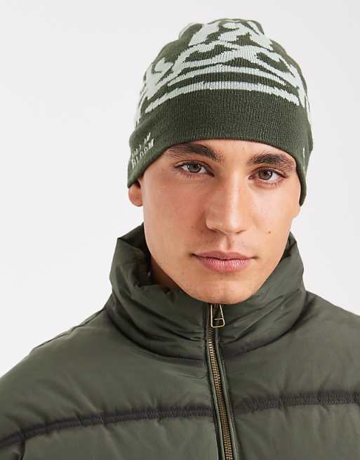 ASOS DESIGN knitted graphic skull beanie in khaki green