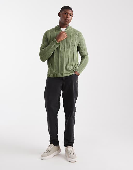 ASOS DESIGN Knitted Half Zip Funnel Neck Jumper In Khaki Stripe