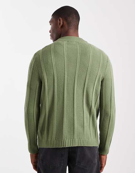 ASOS DESIGN Knitted Half Zip Funnel Neck Jumper In Khaki Stripe