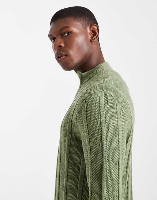 ASOS DESIGN Knitted Half Zip Funnel Neck Jumper In Khaki Stripe