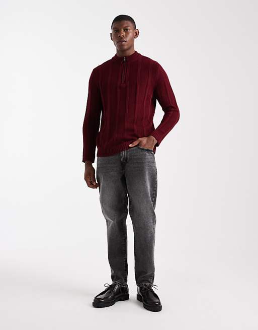 ASOS DESIGN Knitted Half Zip Funnel Neck Jumper In Burgundy Stripe