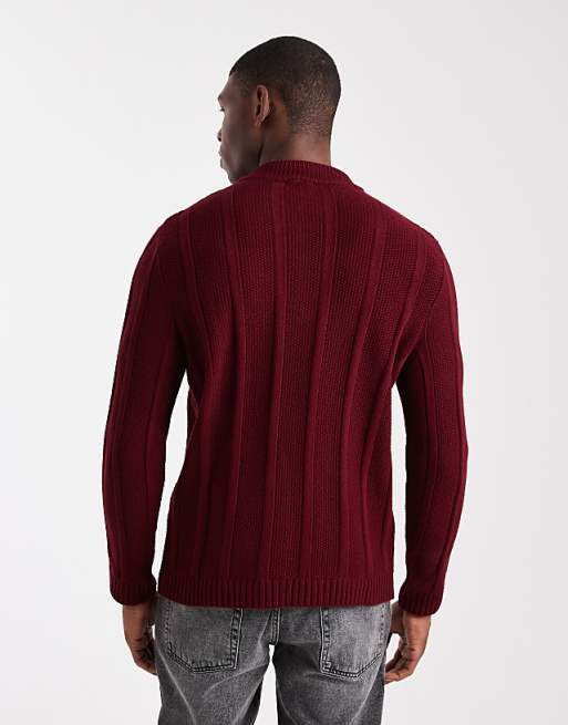 ASOS DESIGN Knitted Half Zip Funnel Neck Jumper In Burgundy Stripe