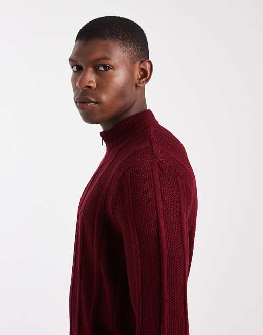 ASOS DESIGN Knitted Half Zip Funnel Neck Jumper In Burgundy Stripe