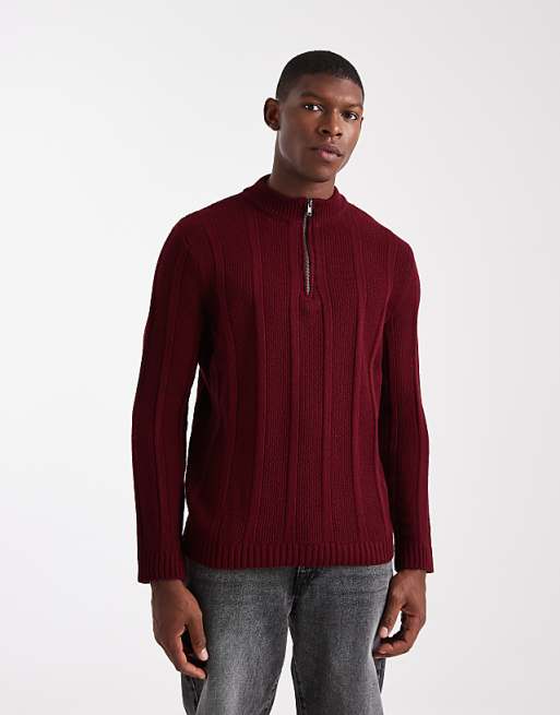 ASOS DESIGN knitted half zip funnel neck jumper in burgundy stripe