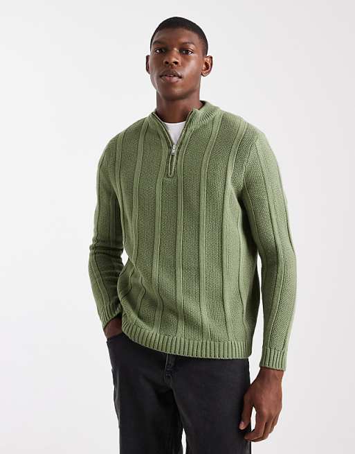 ASOS DESIGN knitted half zip funnel neck jumper in khaki stripe