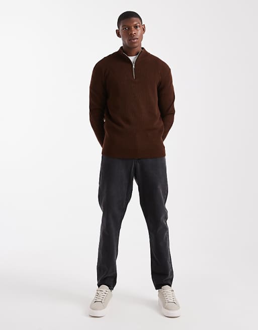 ASOS DESIGN Knitted Half Zip Ribbed Jumper In Brown