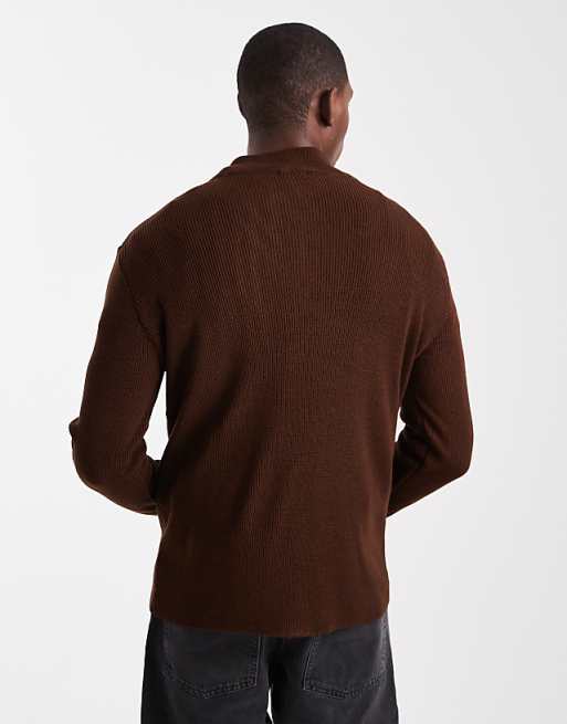 ASOS DESIGN Knitted Half Zip Ribbed Jumper In Brown