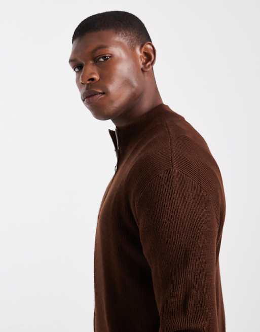 ASOS DESIGN Knitted Half Zip Ribbed Jumper In Brown