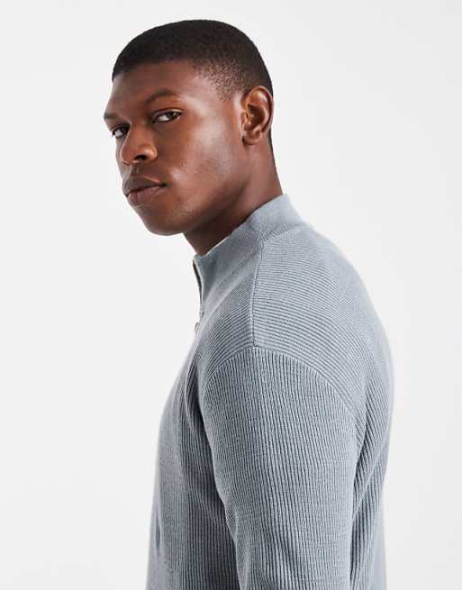 ASOS DESIGN Knitted Half Zip Ribbed Jumper In Grey