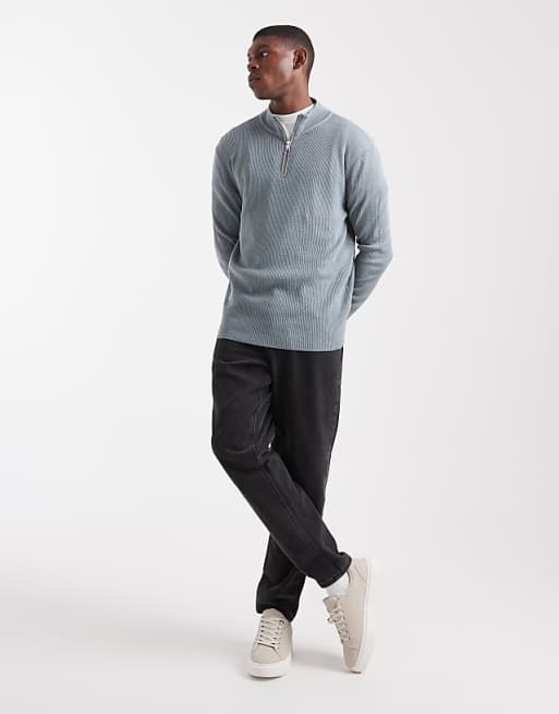 ASOS DESIGN Knitted Half Zip Ribbed Jumper In Grey