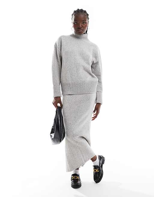 ASOS DESIGN Knitted High Neck Jumper With Turn Back Cuffs In Mid Grey