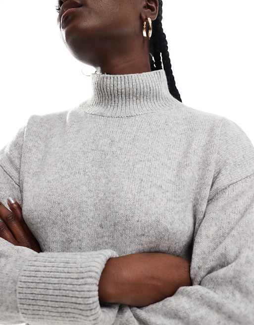 ASOS DESIGN Knitted High Neck Jumper With Turn Back Cuffs In Mid Grey