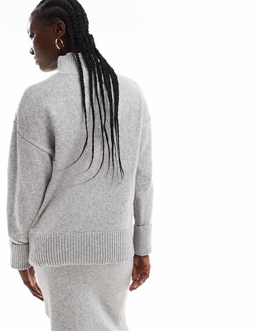 ASOS DESIGN Knitted High Neck Jumper With Turn Back Cuffs In Mid Grey