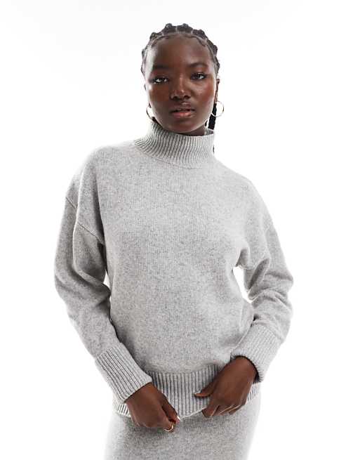 ASOS DESIGN knitted high neck jumper with turn back cuffs in mid grey