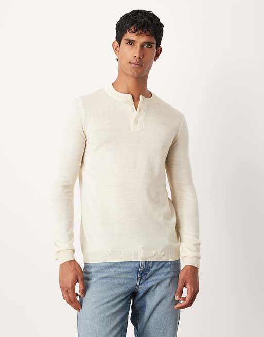 ASOS DESIGN knitted long sleeve henley neck t-shirt in white