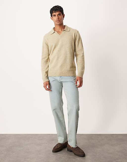 ASOS DESIGN Knitted Long Sleeve Notch Neck Polo In Sage Green