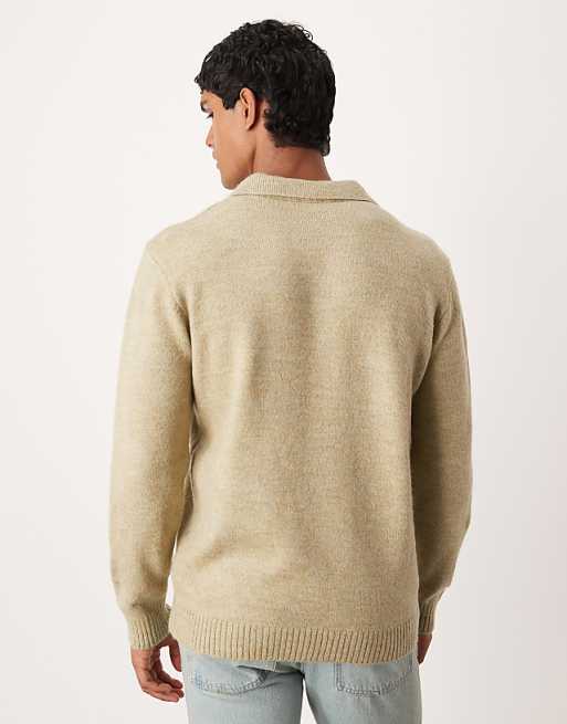 ASOS DESIGN Knitted Long Sleeve Notch Neck Polo In Sage Green