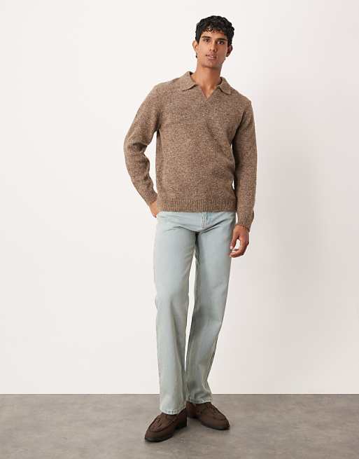 ASOS DESIGN Knitted Long Sleeve Notch Neck Polo In Brown