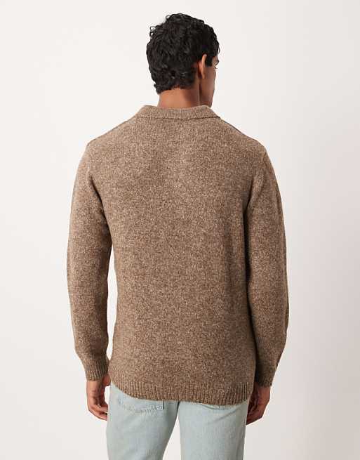 ASOS DESIGN Knitted Long Sleeve Notch Neck Polo In Brown