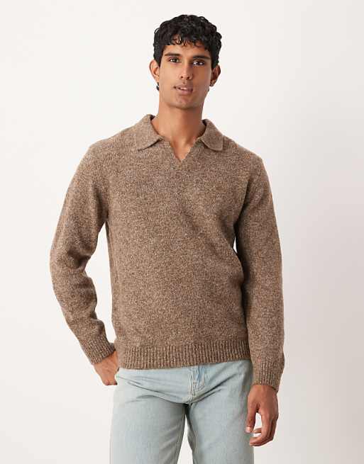 ASOS DESIGN knitted long sleeve notch neck polo in brown