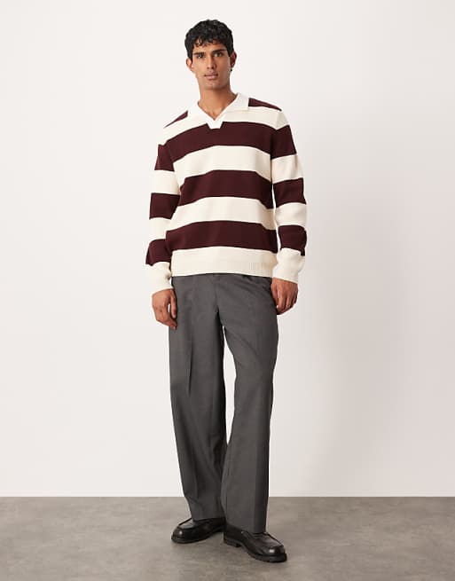 ASOS DESIGN Knitted Long Sleeve Rugby Polo In Burgundy Stripe