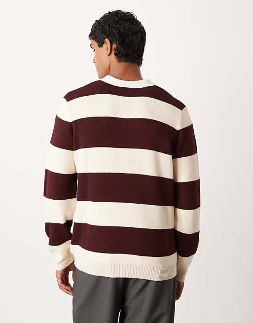 ASOS DESIGN Knitted Long Sleeve Rugby Polo In Burgundy Stripe