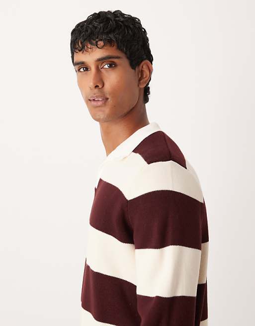 ASOS DESIGN Knitted Long Sleeve Rugby Polo In Burgundy Stripe