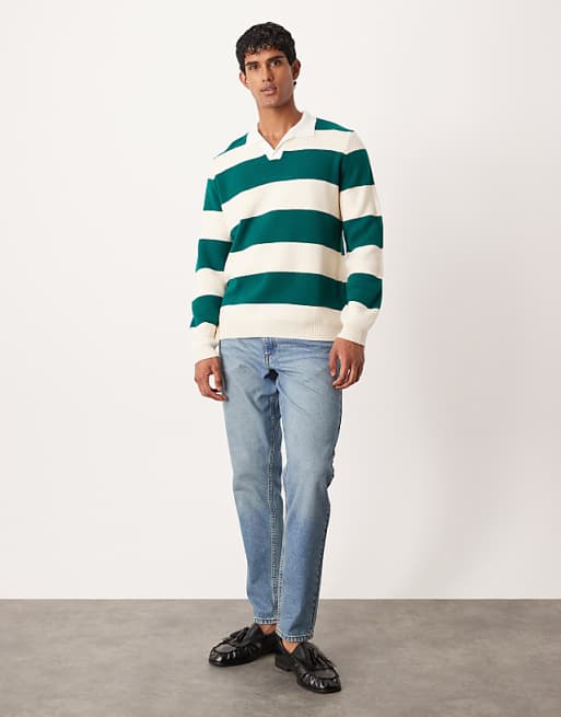 ASOS DESIGN Knitted Long Sleeve Rugby Polo In Green Stripe
