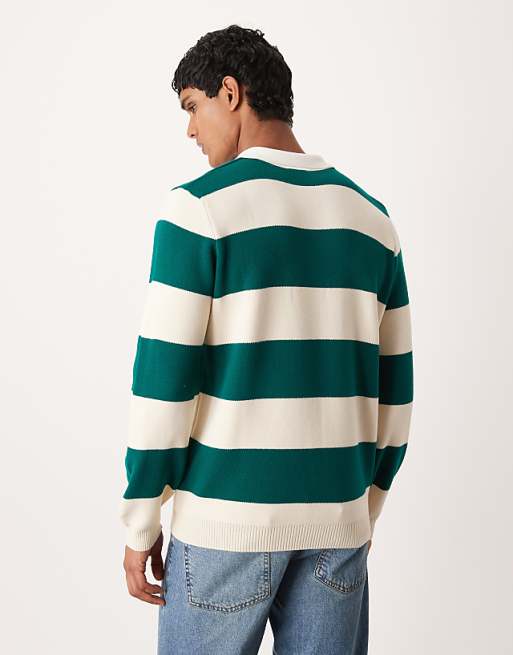 ASOS DESIGN Knitted Long Sleeve Rugby Polo In Green Stripe