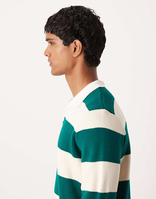 ASOS DESIGN Knitted Long Sleeve Rugby Polo In Green Stripe