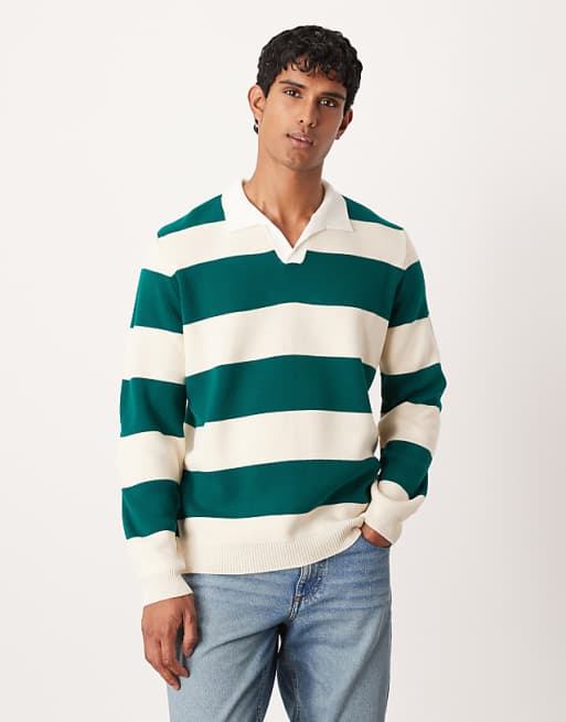 ASOS DESIGN knitted long sleeve rugby polo in green stripe