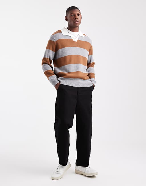 ASOS DESIGN Knitted Long Sleeve Rugby Polo In Tan And Grey Stripe