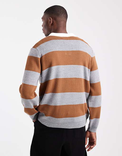ASOS DESIGN Knitted Long Sleeve Rugby Polo In Tan And Grey Stripe