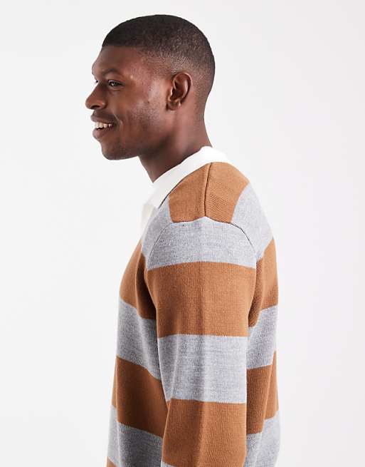 ASOS DESIGN Knitted Long Sleeve Rugby Polo In Tan And Grey Stripe