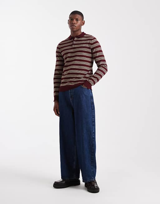 ASOS DESIGN Knitted Long Sleeve Stripe Polo In Burgundy