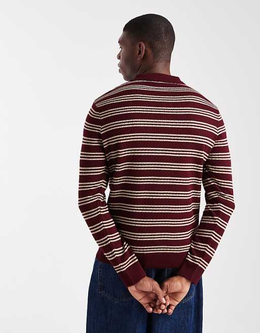 ASOS DESIGN Knitted Long Sleeve Stripe Polo In Burgundy