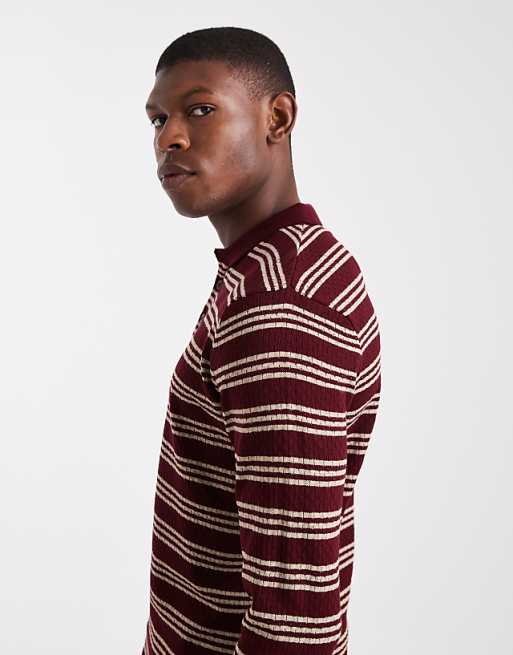 ASOS DESIGN Knitted Long Sleeve Stripe Polo In Burgundy