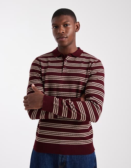 ASOS DESIGN knitted long sleeve stripe polo in burgundy