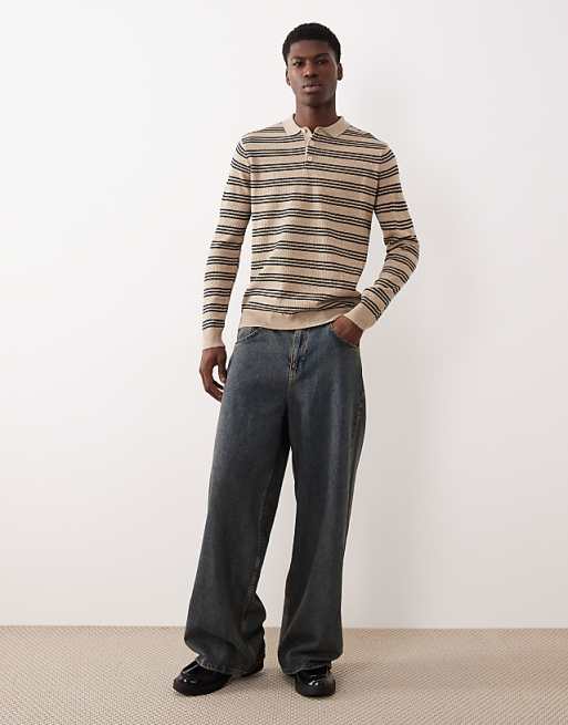 ASOS DESIGN Knitted Long Sleeve Stripe Polo In Ecru