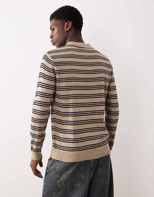 ASOS DESIGN Knitted Long Sleeve Stripe Polo In Ecru