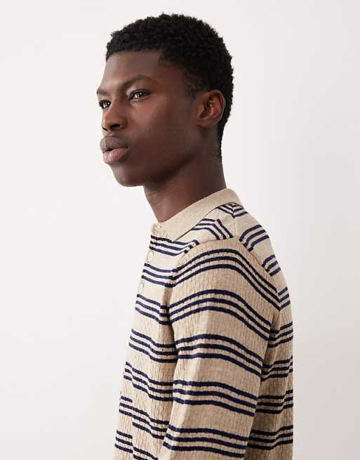 ASOS DESIGN Knitted Long Sleeve Stripe Polo In Ecru