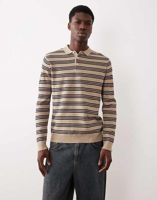 ASOS DESIGN knitted long sleeve stripe polo in ecru