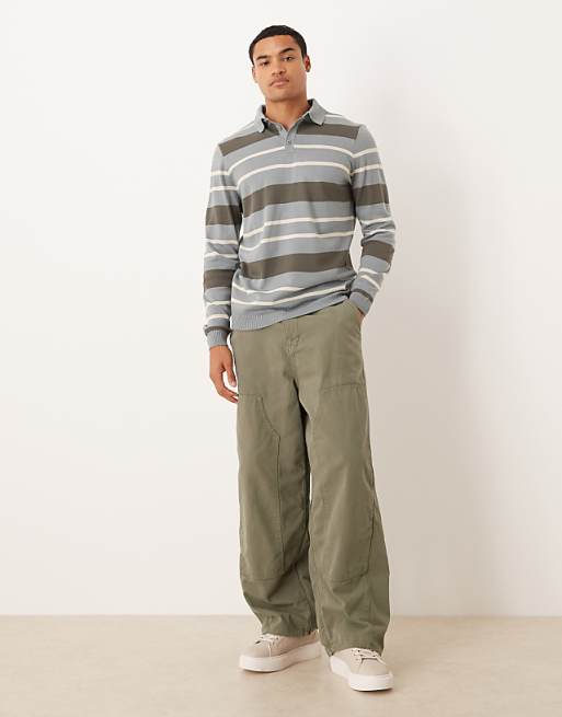 ASOS DESIGN Knitted Long Sleeve Stripe Polo In Grey