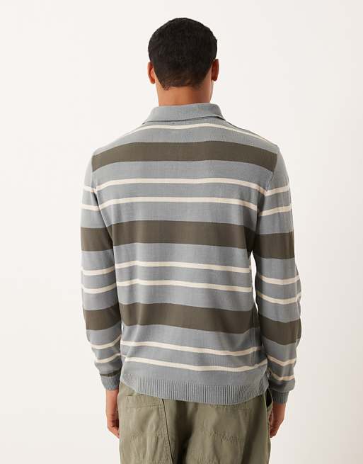 ASOS DESIGN Knitted Long Sleeve Stripe Polo In Grey