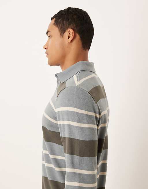ASOS DESIGN Knitted Long Sleeve Stripe Polo In Grey