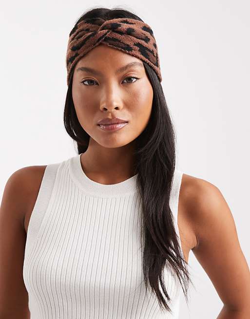 ASOS DESIGN knitted loop through headband in leopard design