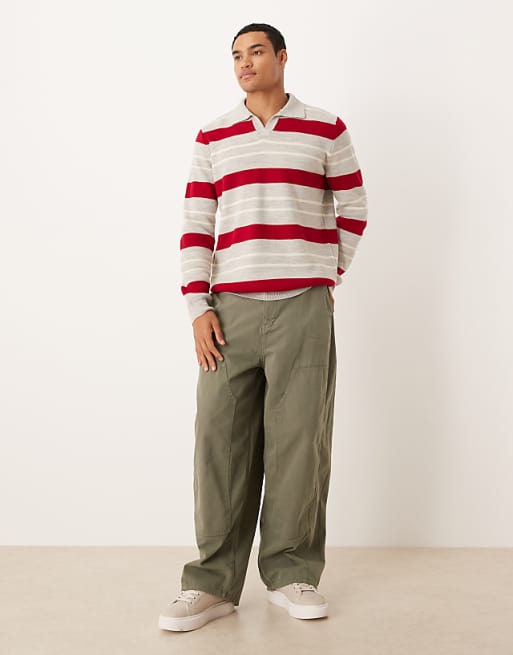 ASOS DESIGN Knitted Notch Neck Polo In Red And Beige Stripe