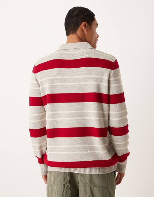 ASOS DESIGN Knitted Notch Neck Polo In Red And Beige Stripe
